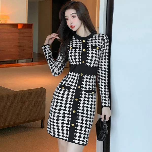 Fashion Korean Style Street Clothes Women Vintage Houndstooth Sweater Mini Dress Elegant Temperament Knitted Short Female Dress
