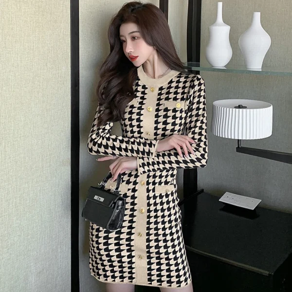 Fashion Korean Style Street Clothes Women Vintage Houndstooth Sweater Mini Dress Elegant Temperament Knitted Short Female Dress - Image 3