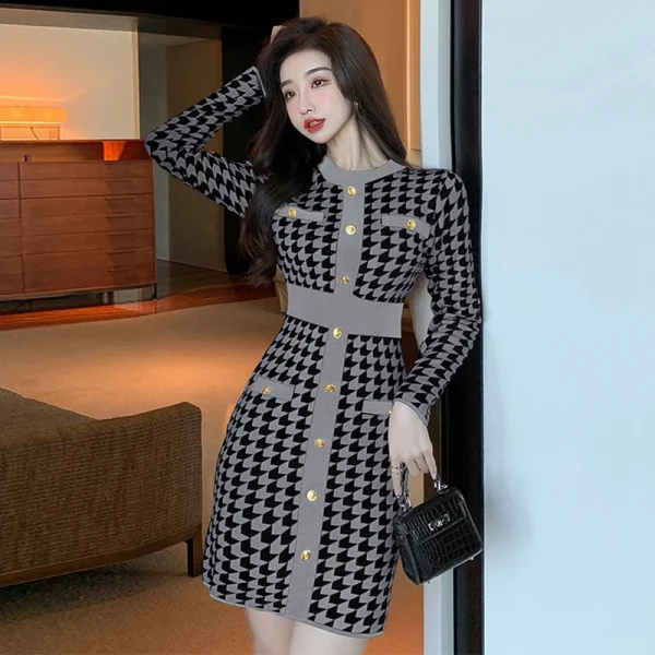 Fashion Korean Style Street Clothes Women Vintage Houndstooth Sweater Mini Dress Elegant Temperament Knitted Short Female Dress - Image 4
