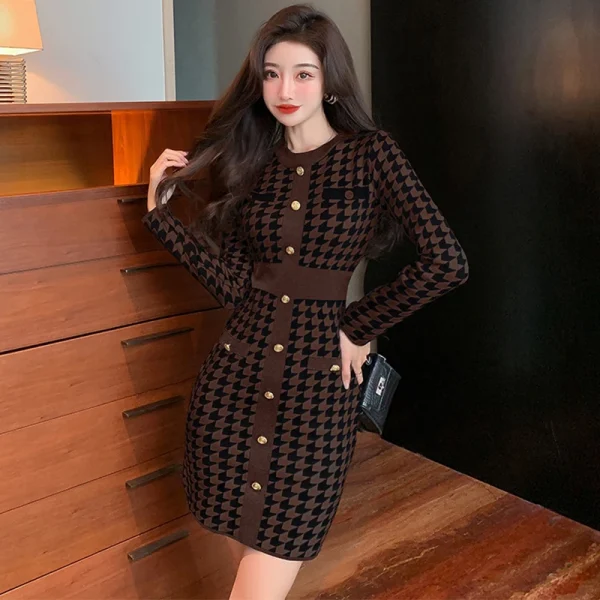 Fashion Korean Style Street Clothes Women Vintage Houndstooth Sweater Mini Dress Elegant Temperament Knitted Short Female Dress - Image 5