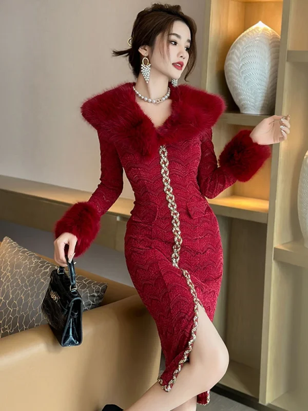 Noble Luxury Formal Prom Dress Women Elegant Red Lace Fur Collar Slit Bodycon Robe Wedding Birthday Party Vestidos Banquet Gown - Image 3