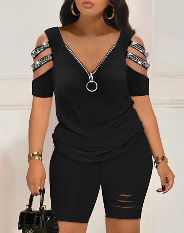 Casual Two Piece Set Women Outfit Summer Women's Short Sleeve Daily Suit Rhinestone Cold Shoulder Top & High Waist Shorts Set - Image 3