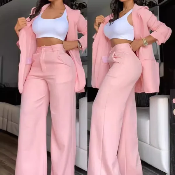 Two Piece Set Women Outfit Autumn Fashion Collar Long Sleeve Blazer Coat & Elegant Pocket Design Work Pants Set - Image 3