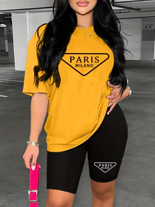 Women's summer casual loose fit large size PARIS print round neck short sleeved T-shirt+shorts two-piece set - Image 4