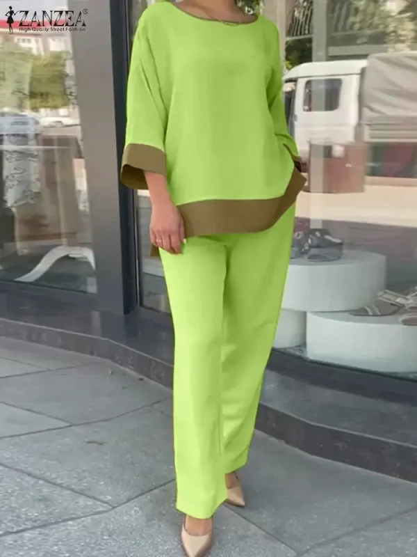 ZANZEA 2024 2PCS Summer Fashion Women Casual Loose Pants Sets Solid Outfits Oversized Lady Holiday Solid Patchwork Tracksuits - Image 2