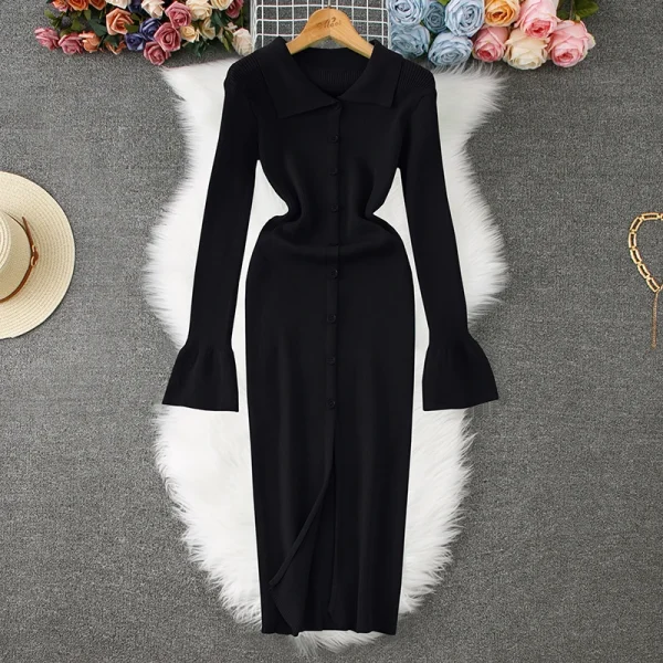 YuooMuoo Elegant Flare Sleeve Notched Long Dress Autumn Fashion Single-breasted Split Knitted Sweater Dress Office Lady Vestidos - Image 3