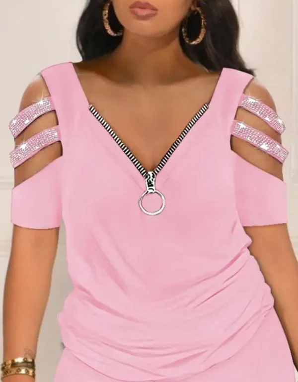 Casual Two Piece Set Women Outfit Summer Women's Short Sleeve Daily Suit Rhinestone Cold Shoulder Top & High Waist Shorts Set - Image 2