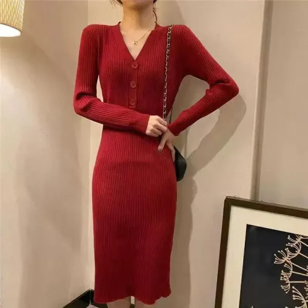 Autumn Winter Knitting Sweater Dress Women 2024 New Fashion Loose The Waist Button Pure Colour V-Neck Dresss Female - Image 6