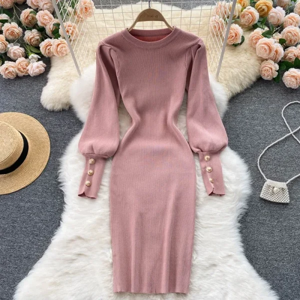YuooMuoo Chic Fashion Sexy Package Hips Knitted Dress 2024 Autumn Winter Slim Elastic Bodycon Sweater Dress Korean Party Vestido