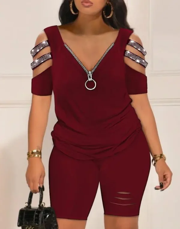 Casual Two Piece Set Women Outfit Summer Women's Short Sleeve Daily Suit Rhinestone Cold Shoulder Top & High Waist Shorts Set - Image 4
