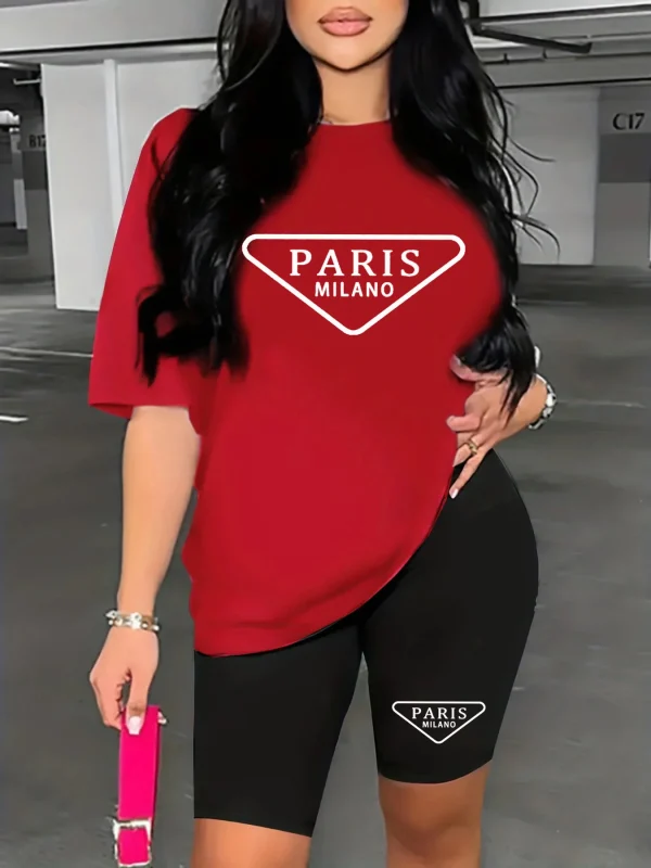 Women's summer casual loose fit large size PARIS print round neck short sleeved T-shirt+shorts two-piece set - Image 3