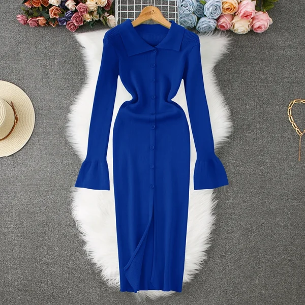 YuooMuoo Elegant Flare Sleeve Notched Long Dress Autumn Fashion Single-breasted Split Knitted Sweater Dress Office Lady Vestidos - Image 2