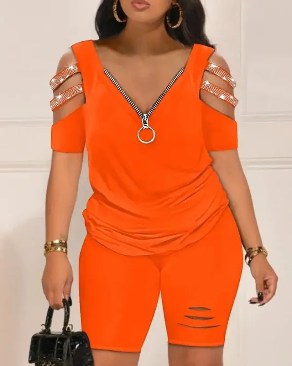 Casual Two Piece Set Women Outfit Summer Women's Short Sleeve Daily Suit Rhinestone Cold Shoulder Top & High Waist Shorts Set - Image 5