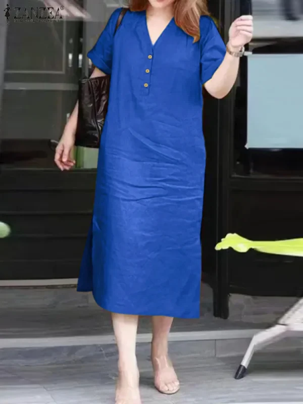 ZANZEA Korean Fashion Buttons Vestidos 2024 Summer Midi Dresses Retro V-neck Casual Loose Chic Robes Women Solid Commuting Dress - Image 3