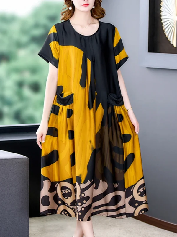 Women's Loose Chic Silk Print Luxury Midi Dress 2024 Summer New Elegant Casual Prom Party Dress Vintage Bodycon Evening Vestidos - Image 3