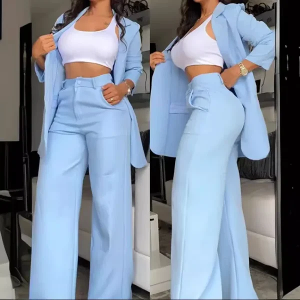 Two Piece Set Women Outfit Autumn Fashion Collar Long Sleeve Blazer Coat & Elegant Pocket Design Work Pants Set - Image 5