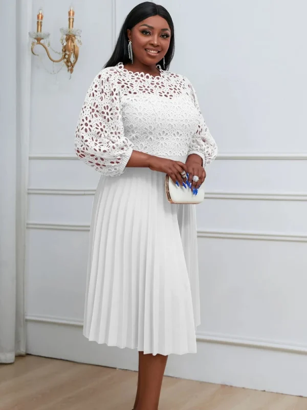 White Lace Dress Women High Quality Elegant Pleated Dress Sleeve Midi Dresses Spring Summer Elegant Party Birthday Church Outfit