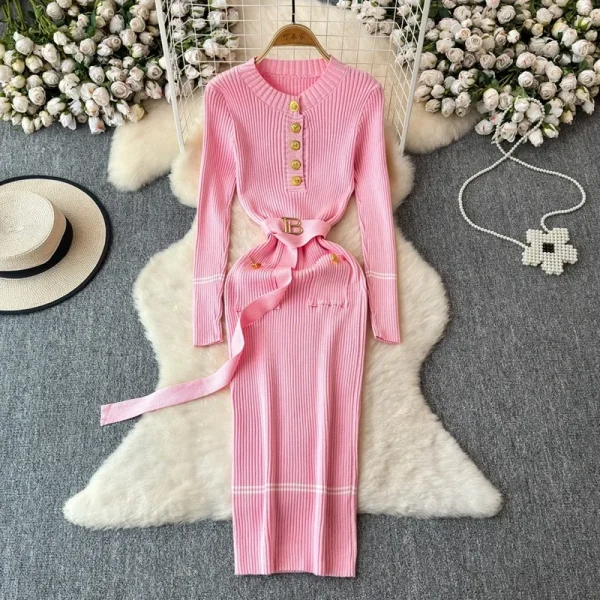 YuooMuoo Chic Fashion Autumn Winter Long Sleeve Knitted Bodycon Dress Women Elegant Sash Bandage Long Sweater Dress Vestidos - Image 2