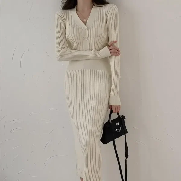 Autumn Winter Knitting Sweater Dress Women 2024 New Fashion Loose The Waist Button Pure Colour V-Neck Dresss Female - Image 3