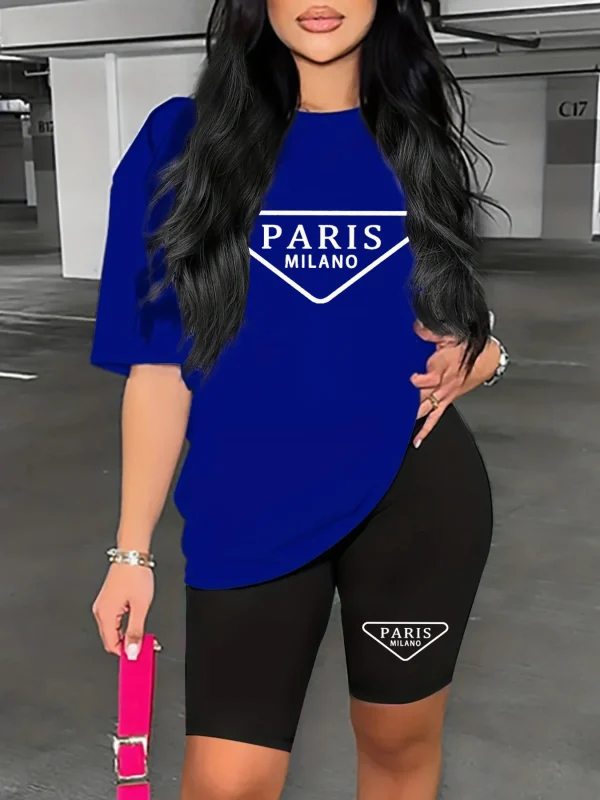 Women's summer casual loose fit large size PARIS print round neck short sleeved T-shirt+shorts two-piece set - Image 5