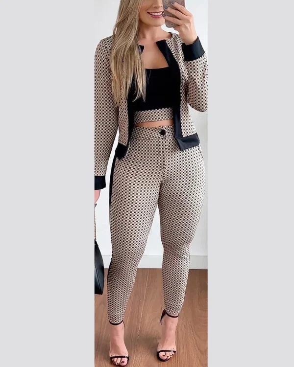 2024 New Autumn Awinter Elegant Casual Three-piece Women's Fashion Houndstooth Printed Tight Plaid Vest+trousers 3 Piece Set - Image 3