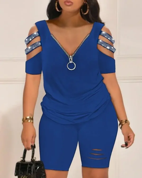 Casual Two Piece Set Women Outfit Summer Women's Short Sleeve Daily Suit Rhinestone Cold Shoulder Top & High Waist Shorts Set - Image 6