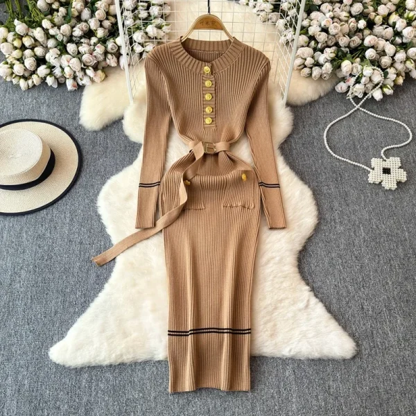 YuooMuoo Chic Fashion Autumn Winter Long Sleeve Knitted Bodycon Dress Women Elegant Sash Bandage Long Sweater Dress Vestidos