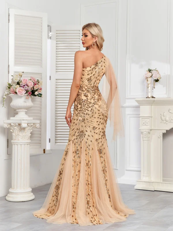 XUIBOL Elegant One-Shoulder Chiffon Tank Dress, Luxurious Sequin Party Evening Gown - Image 2