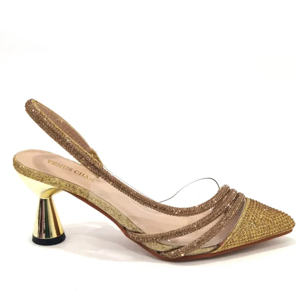 Venus Chan Italian Pointed Toe Wedding Shoes Gold Color Summer Sandal for Women 2023 High Heels Rhinestone Shoe and Bag Set - Image 3