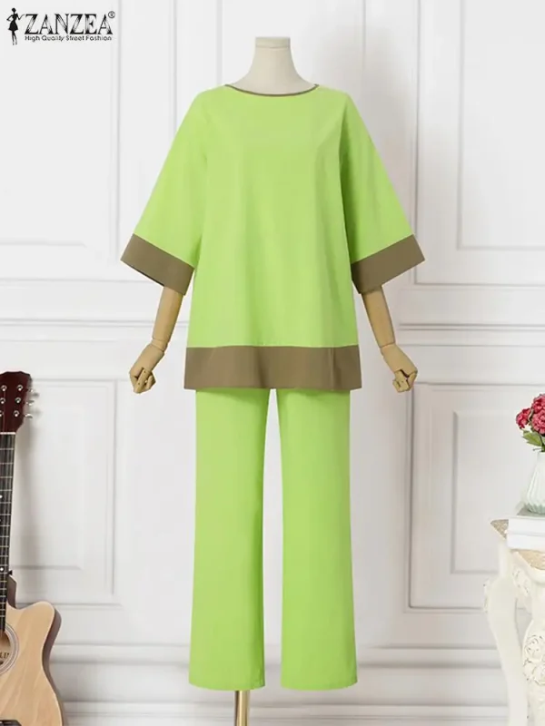 ZANZEA 2024 2PCS Summer Fashion Women Casual Loose Pants Sets Solid Outfits Oversized Lady Holiday Solid Patchwork Tracksuits - Image 4