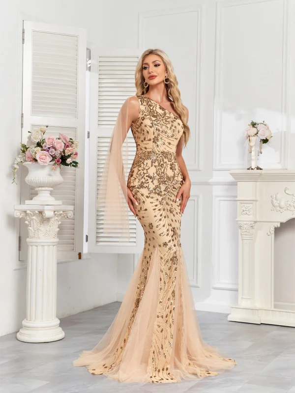 XUIBOL Elegant One-Shoulder Chiffon Tank Dress, Luxurious Sequin Party Evening Gown - Image 4
