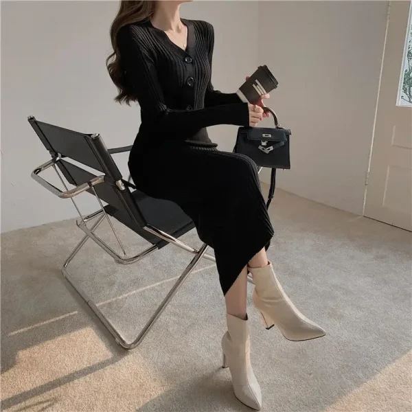 Autumn Winter Knitting Sweater Dress Women 2024 New Fashion Loose The Waist Button Pure Colour V-Neck Dresss Female - Image 5