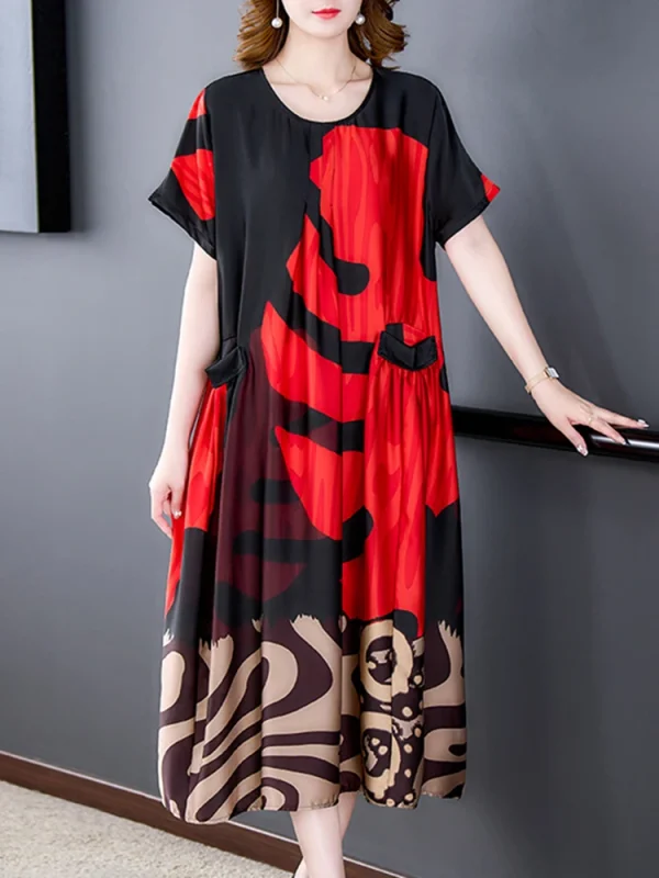 Women's Loose Chic Silk Print Luxury Midi Dress 2024 Summer New Elegant Casual Prom Party Dress Vintage Bodycon Evening Vestidos - Image 5