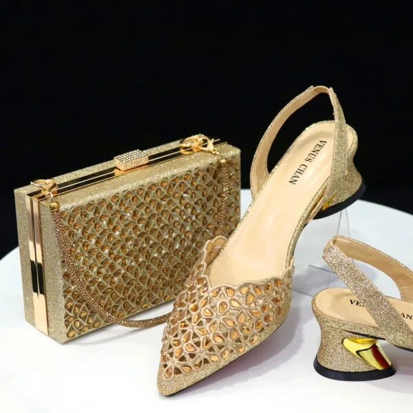 Doershow beautiful Italian Shoe and Bag Set New Shoes and Bag Set In Italy gold Color Italian Shoes with Matching Bags! HFG1-10