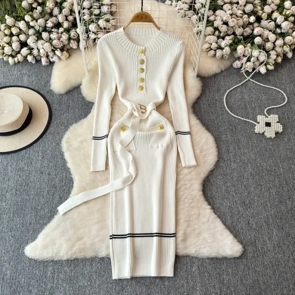 YuooMuoo Chic Fashion Autumn Winter Long Sleeve Knitted Bodycon Dress Women Elegant Sash Bandage Long Sweater Dress Vestidos - Image 4