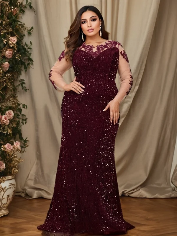 Elegant O Neck Floor Length Evening Prom Gown Dresses Sequin Bodycon Mermaid Long Sleeves Party Modest Women Dress - Image 4