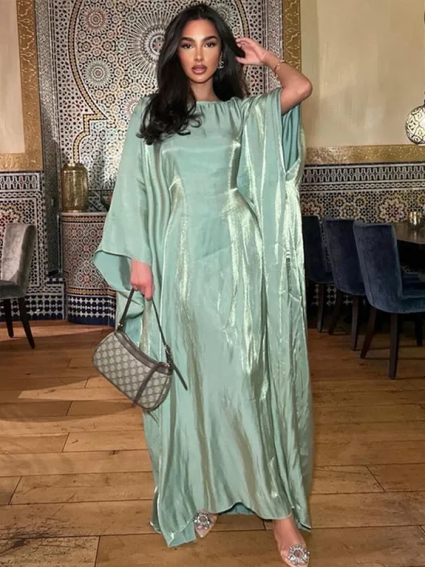 Satin Covering Robe Longue Female Flare Sleeve O Neck Smooth Satin Party Evening Long Dresses for Women Elegant Luxury Spring