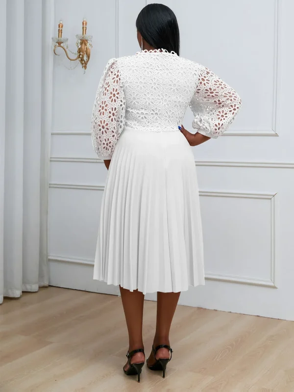 White Lace Dress Women High Quality Elegant Pleated Dress Sleeve Midi Dresses Spring Summer Elegant Party Birthday Church Outfit - Image 2