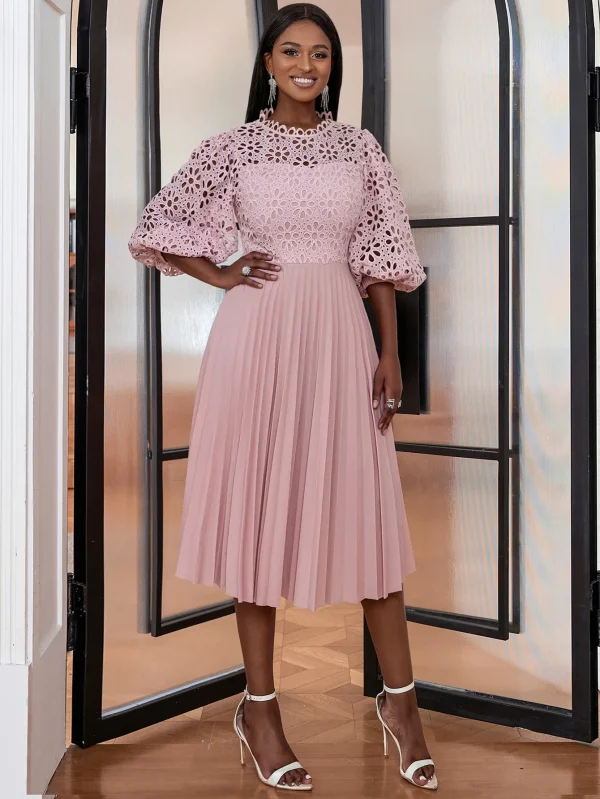 White Lace Dress Women High Quality Elegant Pleated Dress Sleeve Midi Dresses Spring Summer Elegant Party Birthday Church Outfit - Image 3