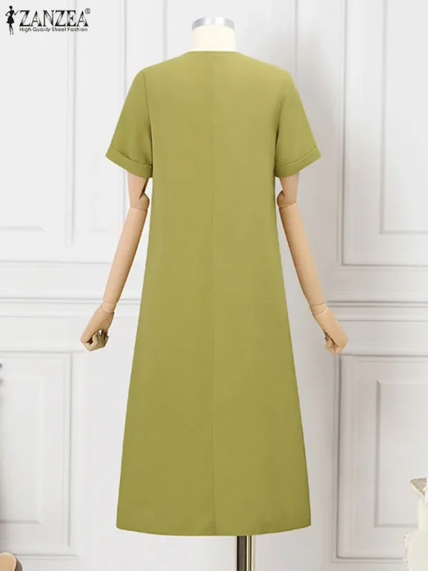 ZANZEA Korean Fashion Buttons Vestidos 2024 Summer Midi Dresses Retro V-neck Casual Loose Chic Robes Women Solid Commuting Dress - Image 5