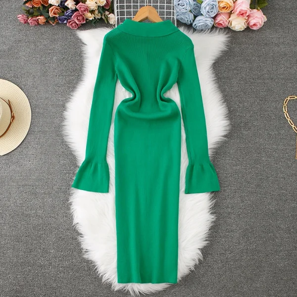 YuooMuoo Elegant Flare Sleeve Notched Long Dress Autumn Fashion Single-breasted Split Knitted Sweater Dress Office Lady Vestidos - Image 5