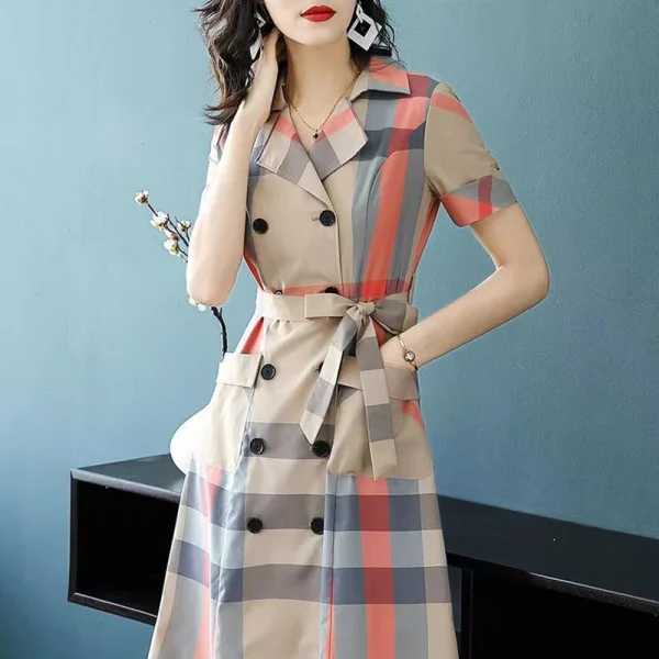 Elegant Lapel Button Pockets Bandage Bow Plaid Shirt Dress Women's Clothing 2024 Summer New Loose Office Lady Short Sleeve Dress - Image 2