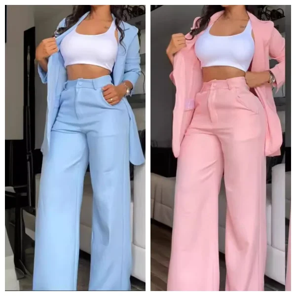Two Piece Set Women Outfit Autumn Fashion Collar Long Sleeve Blazer Coat & Elegant Pocket Design Work Pants Set