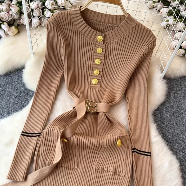YuooMuoo Chic Fashion Autumn Winter Long Sleeve Knitted Bodycon Dress Women Elegant Sash Bandage Long Sweater Dress Vestidos - Image 6