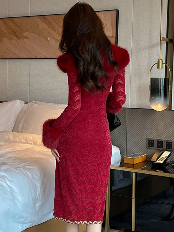 Noble Luxury Formal Prom Dress Women Elegant Red Lace Fur Collar Slit Bodycon Robe Wedding Birthday Party Vestidos Banquet Gown - Image 2