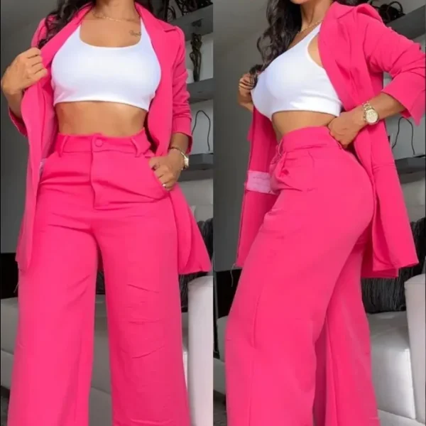 Two Piece Set Women Outfit Autumn Fashion Collar Long Sleeve Blazer Coat & Elegant Pocket Design Work Pants Set - Image 2