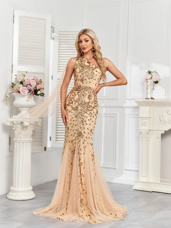 XUIBOL Elegant One-Shoulder Chiffon Tank Dress, Luxurious Sequin Party Evening Gown - Image 3