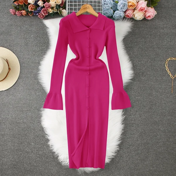 YuooMuoo Elegant Flare Sleeve Notched Long Dress Autumn Fashion Single-breasted Split Knitted Sweater Dress Office Lady Vestidos - Image 4