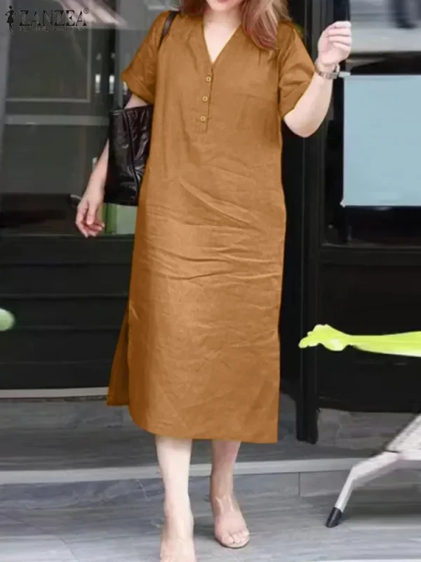 ZANZEA Korean Fashion Buttons Vestidos 2024 Summer Midi Dresses Retro V-neck Casual Loose Chic Robes Women Solid Commuting Dress - Image 2