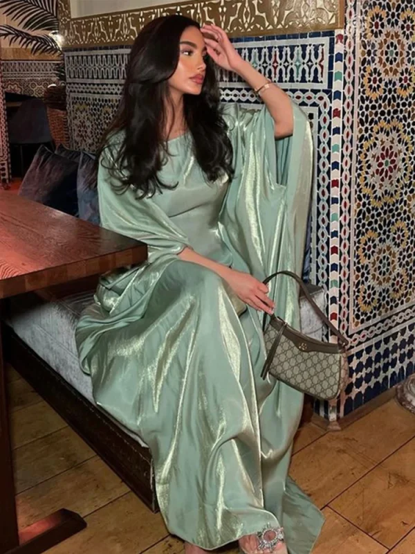 Satin Covering Robe Longue Female Flare Sleeve O Neck Smooth Satin Party Evening Long Dresses for Women Elegant Luxury Spring - Image 3